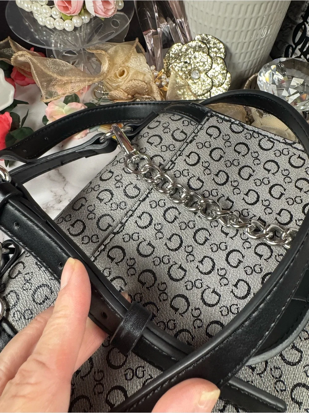 GUESS Black and Gray Logo-Print Mini Crossbody with Chain